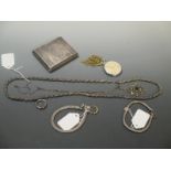 A gold ring marked 18ct and various white metal jewellery and a cigarette box