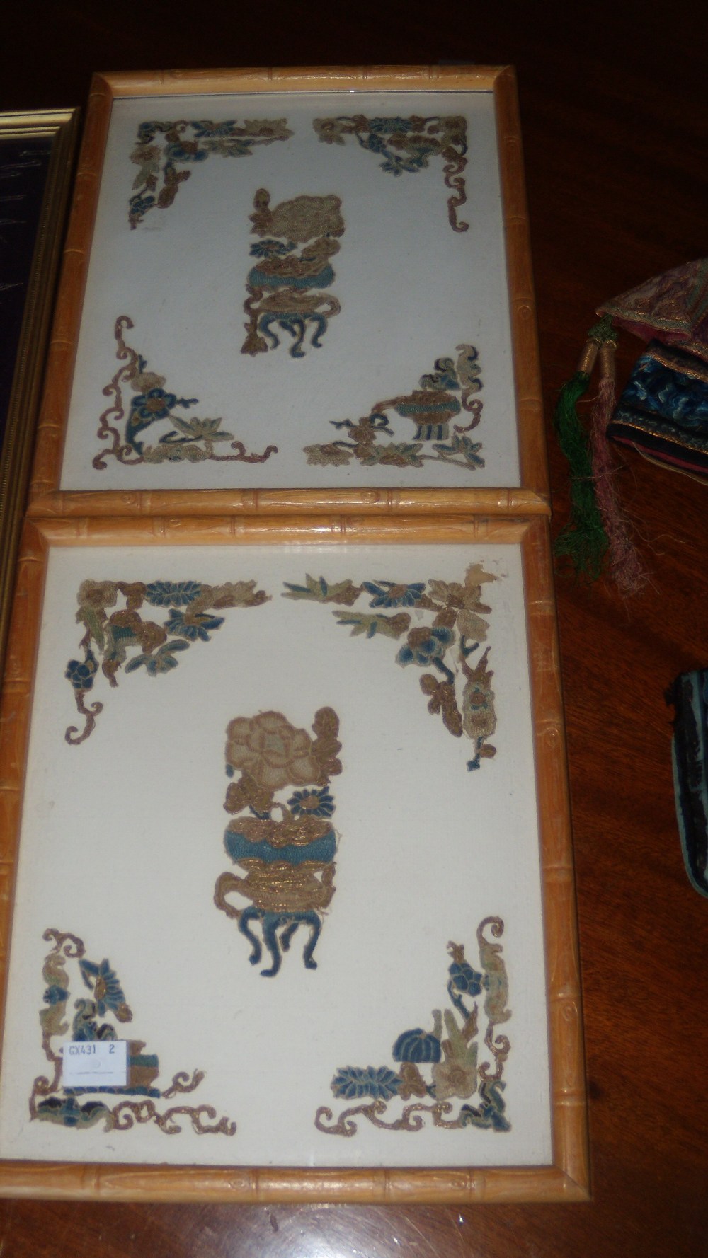 Three frames of embroidery, a hat and a purse, the pair framed of embroidered flowers and foliage - Image 3 of 4