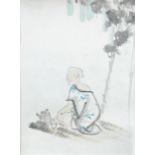 An early 20th century watercolour of an elderley man seated on a tatami below a tree, a kettle and