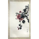 Mei Ma-Li, a 20th century watercolour scroll of chrysanthemums, the pink flowers growing downwards