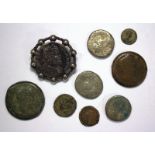 Assorted coins, including silver threepences, Barbadoes penny 1788, Gibraltar Two Quarts 1842,