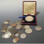 A silver 1902 Coronation medal in leather case, together with a 1661 token and various coinage