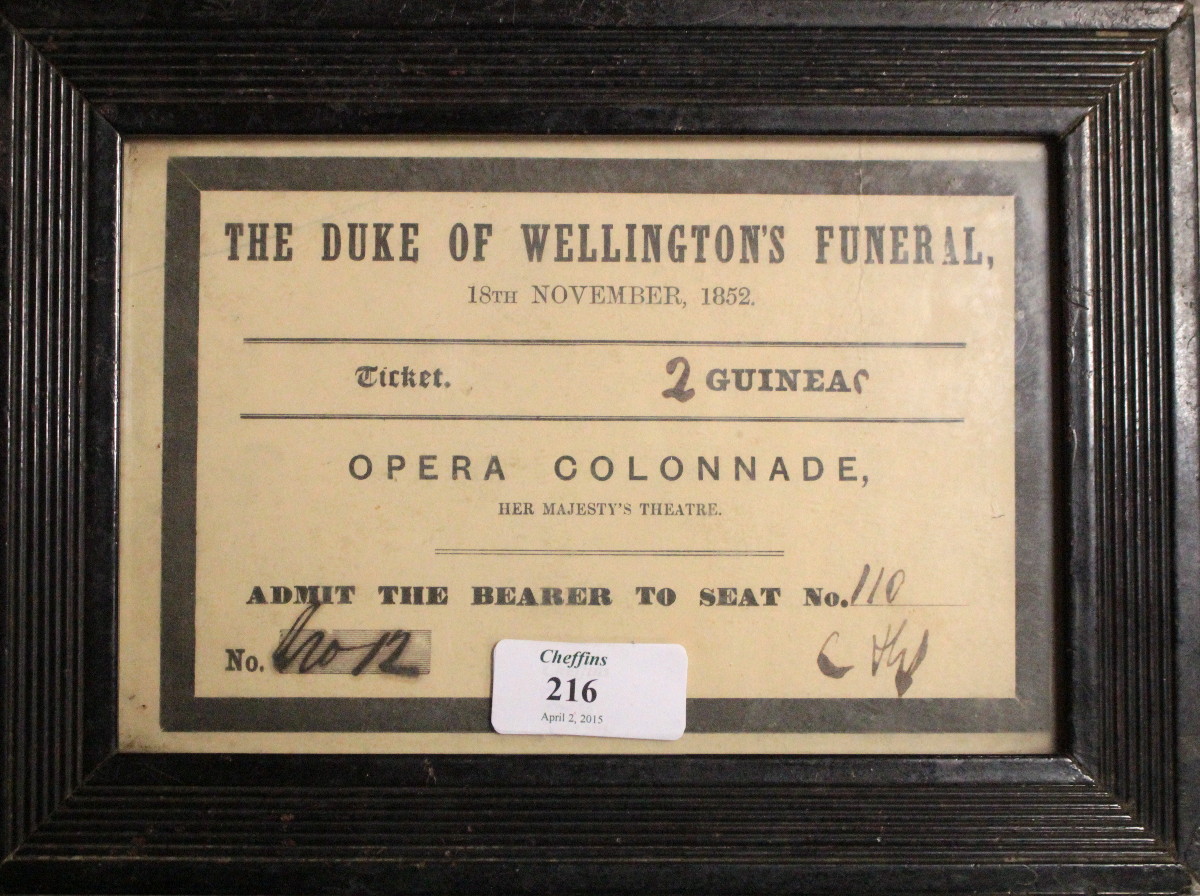 Duke of Wellington's Funeral, 18th November 1852, a framed ticket (two guineas)