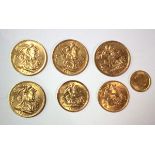 Four gold sovereigns, 1891, 1911, 1912, 1915, two half sovereigns 1914 and USA gold dollar 1851, (