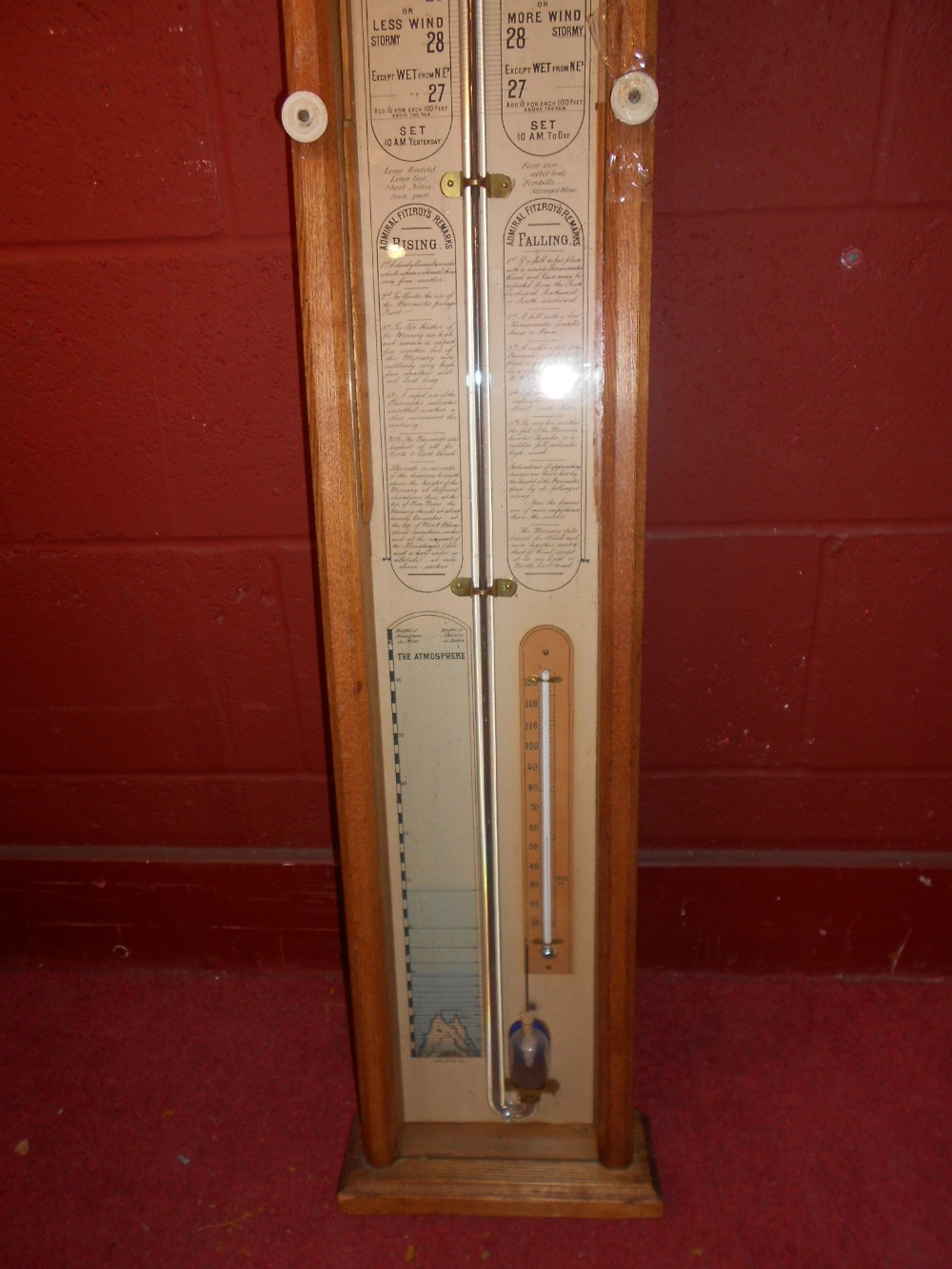 An oak Admiral Fitzroy barometer, late 19th century, the arched case with glazed front displaying - Image 3 of 3