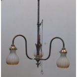 A gilt brass three branch electrolier, converted from gas