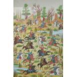 A 20th Century Persian tile of Warriors on horseback, 38 x 28cm, and a pair of Staffordshire dogs (