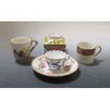 A Paris porcelain square sectioned inkwell, a Capo di Monte cup and saucer, a Meissen onion