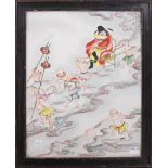 A Chinese porcelain plaque painted with Guandi and attendants