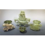 Two Chinese greenstone vessels, two bowls and erotic group