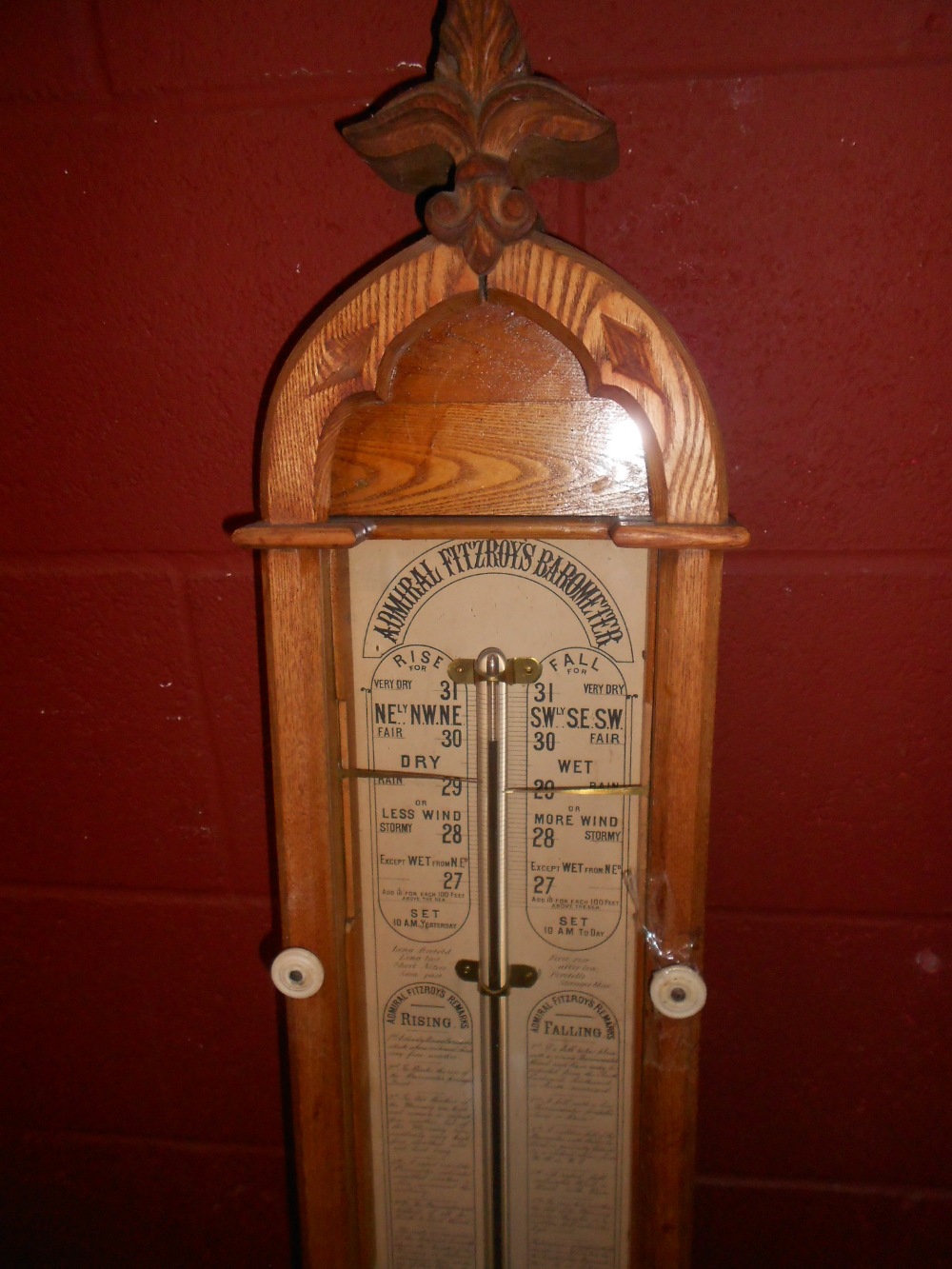 An oak Admiral Fitzroy barometer, late 19th century, the arched case with glazed front displaying - Image 2 of 3