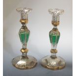 A pair of 19th century Bohemian glass candlesticks, 25cm high