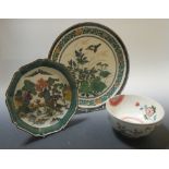 Two green Kutani dishes and an early Imari bowl (damage)