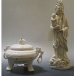 A 20th century figure of Guanyin and a blanc de chine censor and cover (2)