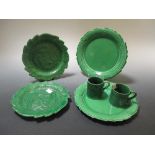 Two Braneld leaf moulded plates, together with two others and two mugs (6)