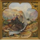 L Aubrey, a painted plaque with Swiss scene, 32 x 28.5cm