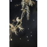 A Japanese black lacquer panel inlaid with birds amongst wisteria
