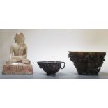 A Chinese hardstone libation cup, 14cm wide, a soapstone tea pot and a white marble Buddha, 16cm