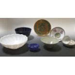 Various Chinese and studio bowls, together with a Worcester gilt tea bowl and saucer