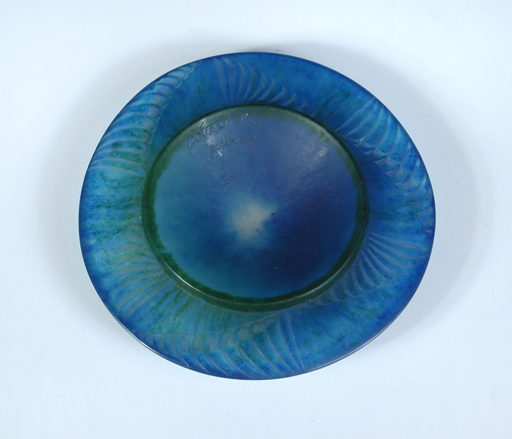 Almeric Walter, a pâte de verre glass dish, the mottled green and blue glass with moulded fern