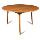 Hans Wegner for Fritz Hansen, a model 4602 circular teak dining table, the teak veneered plywood top