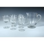 A Lalique Barsac pattern jug and six glasses, the jug with fluted handle, the glasses with similar