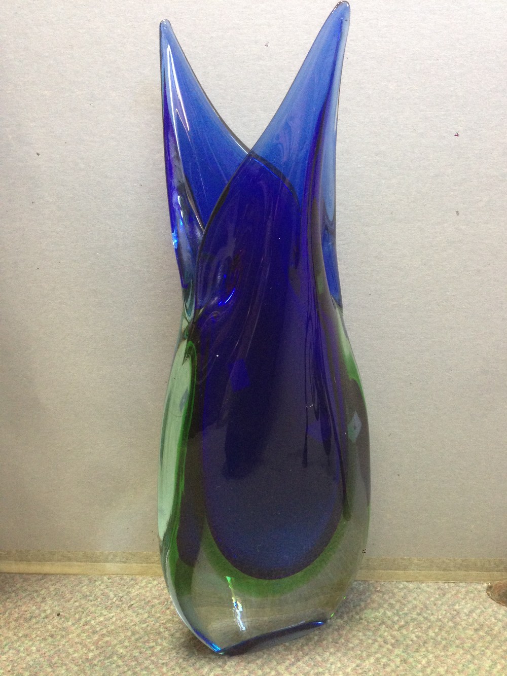 A large Murano sculptural glass vase, the flattened form in blues and greens, unmarked 46cm (18in)
