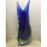 A large Murano sculptural glass vase, the flattened form in blues and greens, unmarked 46cm (18in)