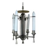 An Art Deco silvered metal ceiling light, the geometric frame with four milk glass cylinders