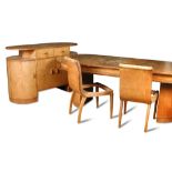 An Art Deco maple dining suite, comprising twin pedestal rounded rectangular dining table, six