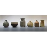 A small collection of studio ceramics, comprising a celadon glazed gourd vase by Katherine