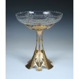 A WMF gilt metal and glass centrepiece, the bowl with etched stylised floral motifs, the pierced