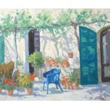 § James Horton RCA (British, 20th Century) View of a French patio with flowers signed lower right "J