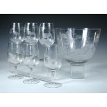 Moser Glass for Rowland Ward, an etched glass bowl and eight wine glasses, each decorated with