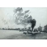 § Douglas Ian Smart (British, 1879 - 1970) Fire Floats at Rotherhithe Church monogrammed lower right