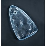 A Lalique Trefles pattern blue glass pendant, the triangular form decorated with four leaf