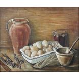 § Stanley Lewis, MBE, ARCA (Welsh, 1905-2009) Still Life of Eggs and a Jug, circa 1955 oil on