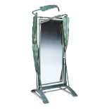 A 20th century green painted wrought iron cheval mirror, the rectangular plate glass framed by