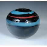 Suzy Osborn, an art glass vase, of spherical form with blue and red banding to a dark blue body,