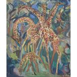 § Henry Sanders (British, 1918-1992) Giraffes signed lower right "H Sanders" oil on board,