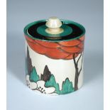 A Clarice Cliff Limberlost pattern preserve jar and cover, of cylindrical form, printed factory