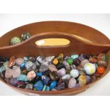 A graduated set of burr wood boxes, together with a tray of polished hardstones