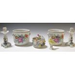 A Meissen canary, a Dresden pot pourri bowl and cover, a pair of Dresend candlesticks and a pair