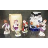 A Keith Murray for Wedgwood pale yellow mug, four Dresden figures and a toby jug (6)