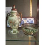 A Satsuma type covered vase, 35cm high, a bowl 21cm diameter and a tray inset with willow pattern