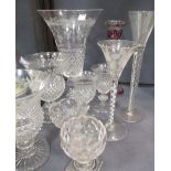A pair of engraved and cut glass goblets, a matching smaller pair and other glassware (qty)
