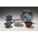 Two Chinese blue and white wares, a famille rose bowl and two Song type bowls