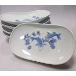 Five Japanese Arita blue and white bowls painted with fish, 21cm wide