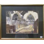 English School (19th Century) Church interiors, one signed "FC 1889", watercolour, 24 x 34cm (4)