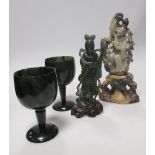 Three Chinese carved stone figures and two greenstone goblets (5)